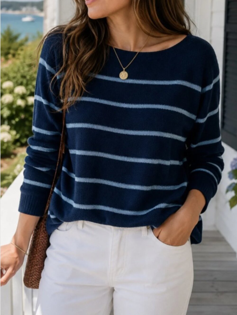 Eileen Fisher Navy Blue Striped Tencel Wool Alpaca Blend Tunic Sweater Small